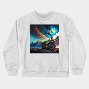 Steam train and mountains and stars oil paint style Crewneck Sweatshirt